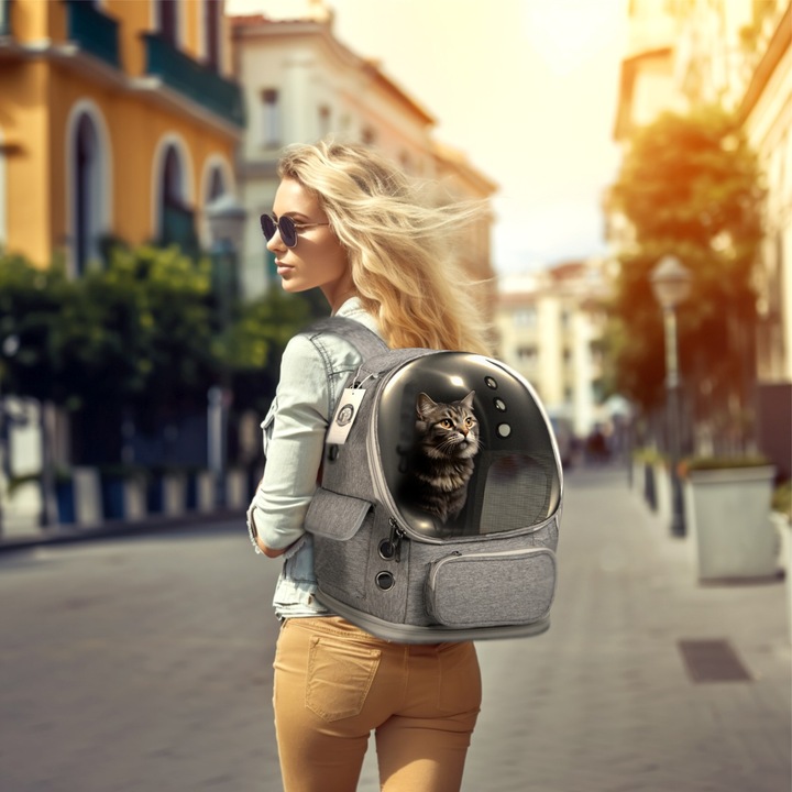 Rucsac transportor pentru pisici si caini, Furrever Friends Citty Grey, ventilatie, 40x27x40cm