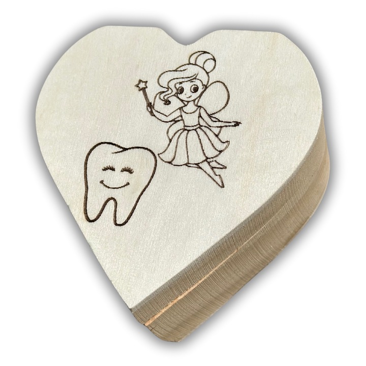 Cutie inima din lemn, pentru pastrarea dintisorilor – Zana Maseluta, copii, 8.5 x 8.5 x 4.5 cm