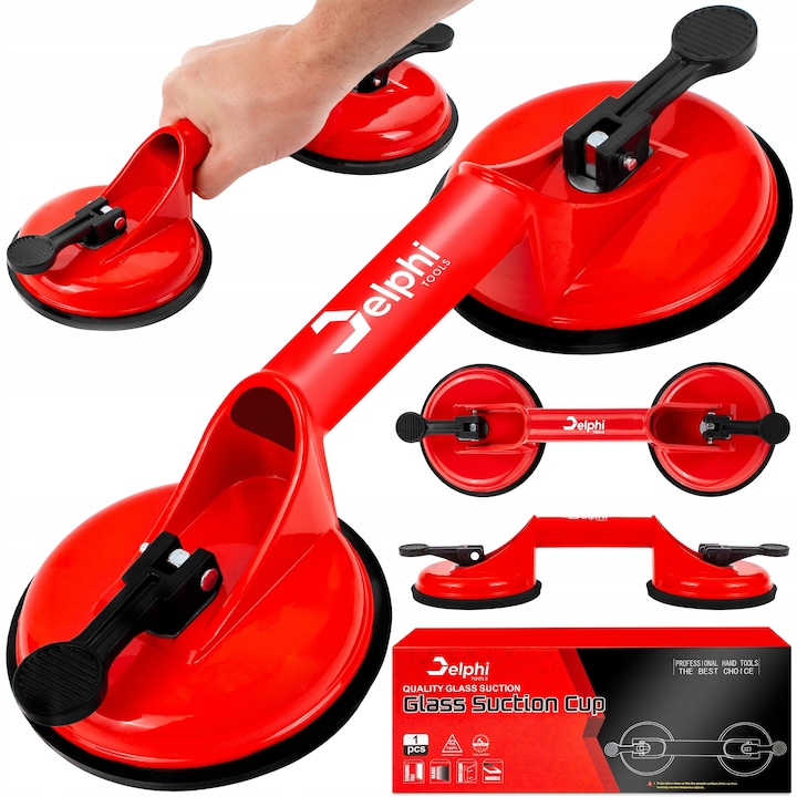 Ventuza dubla Delphi TOOLS®, capacitate 90 kg, Ø115 mm, aluminiu + cauciuc, 2 cupe puternice de aspiratie, maner ergonomic, pentru sticla, gresie, faianta, metal si panouri