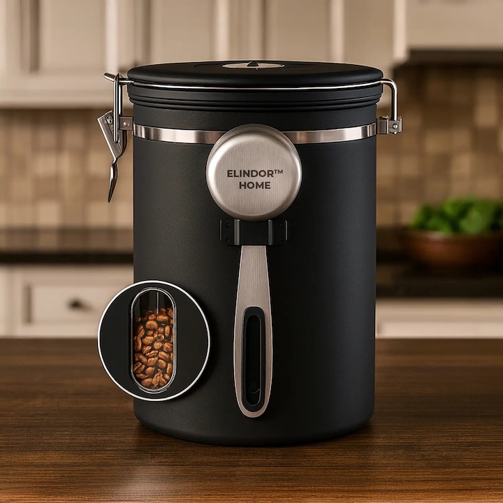 Контейнер за кафе от неръждаема стомана Elindor®, непропусклив буркан с капак и лъжица, кутия за съхранение на захар, чай, паста, ориз, зърнени храни, брашно, торти, супи, храна, кухненска касерола, за хладилник и фризер, 650 мл, прозрачно стъкло, черно