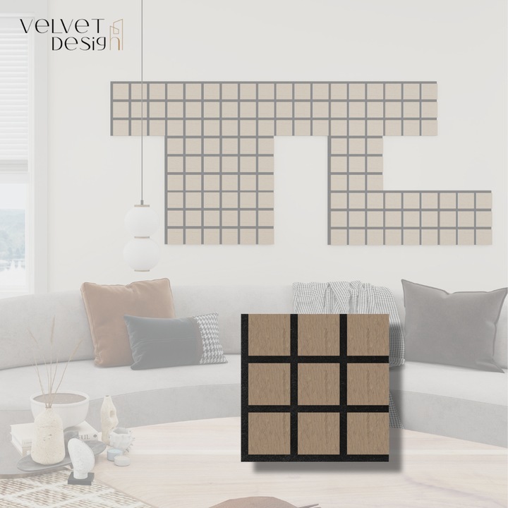 Riflaj decorativ modular 3D, panou acustic din MDF cu furnir natural, culoare Nuc Satinat, 300x300x18mm, atenuare zgomot 80% (NRC 0.8), Velvet Design