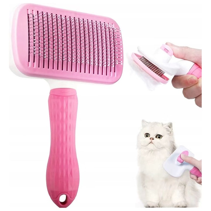 Perie állatoknak, ABS, csúszásmentes fogantyúval, rózsaszín