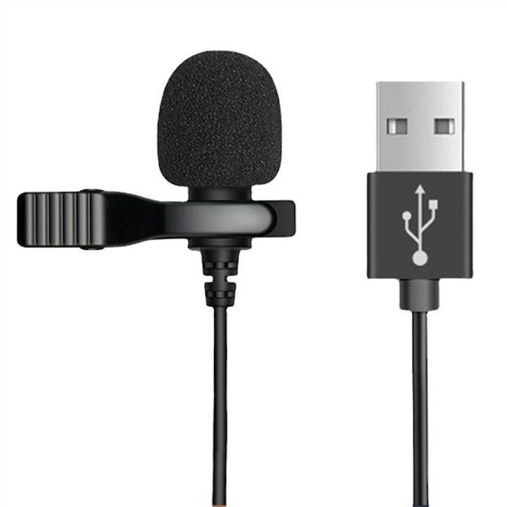 Lavalier sztereó mikrofon, csiptetős, USB-A csatlakozóval, vlogging, interjú, élő közvetítés, videofelvételhez, szélzaj-védő szivaccsal, fekete