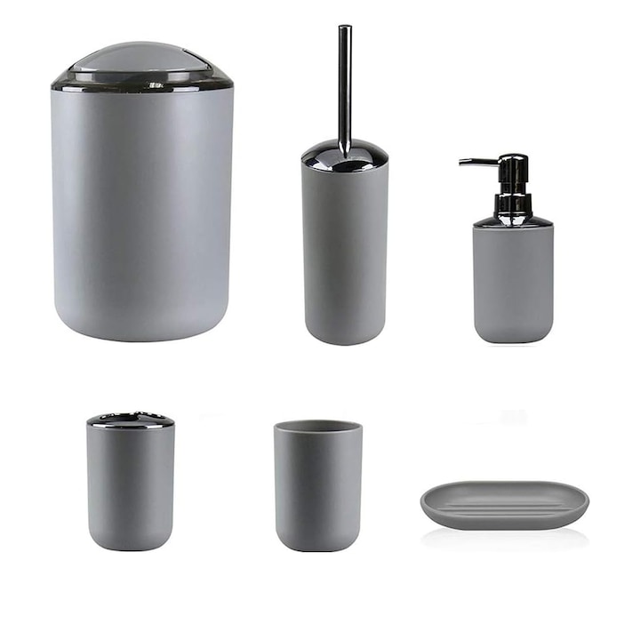 Комплект аксесоари за баня, 6 части, Swjoyol, пластмаса, сив, компактен дизайн, кош за боклук, четка за тоалетна, дозатор за сапун, сапунерка, чаша за четки за зъби