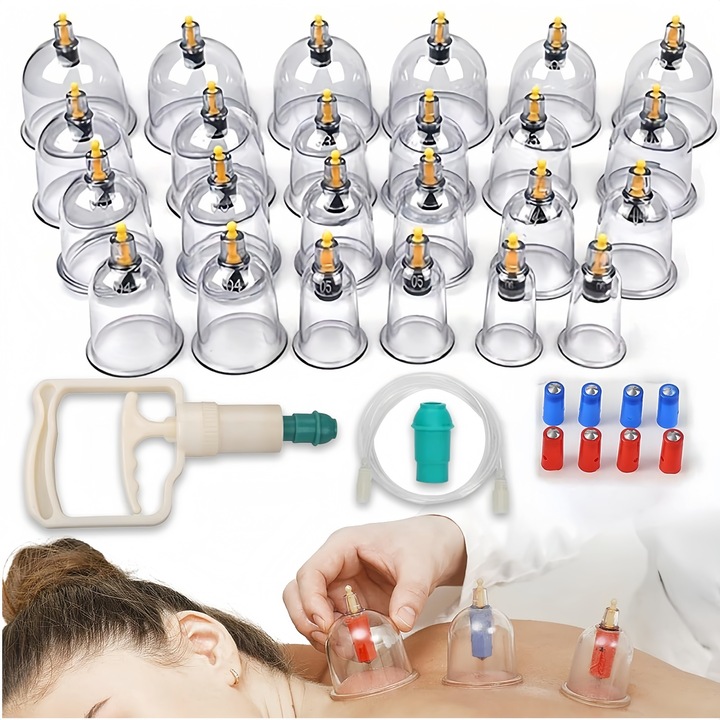 Set 24 ventuze masaj, vacuum fara foc cu pompa, functie terapeutica, anticelulitic, antistres, relaxarea muschilo, stimuleaza colagenul, Imbunatateste circulatia, ideale pentru terapie la domiciliu, portabil, in cutie, transparente
