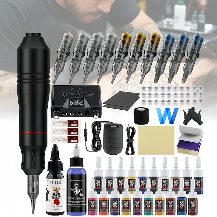 Set profesionist de aparate de tatuaj, masina tatuaj, aliaj de aluminiu, Colorat rapid, 10 de ace pentru tatuaj, 20 culori cerneala 5ml, cartuse, compact si portabil, 10000 RPM, design ergonomic, potrivit pentru incepatori, negru