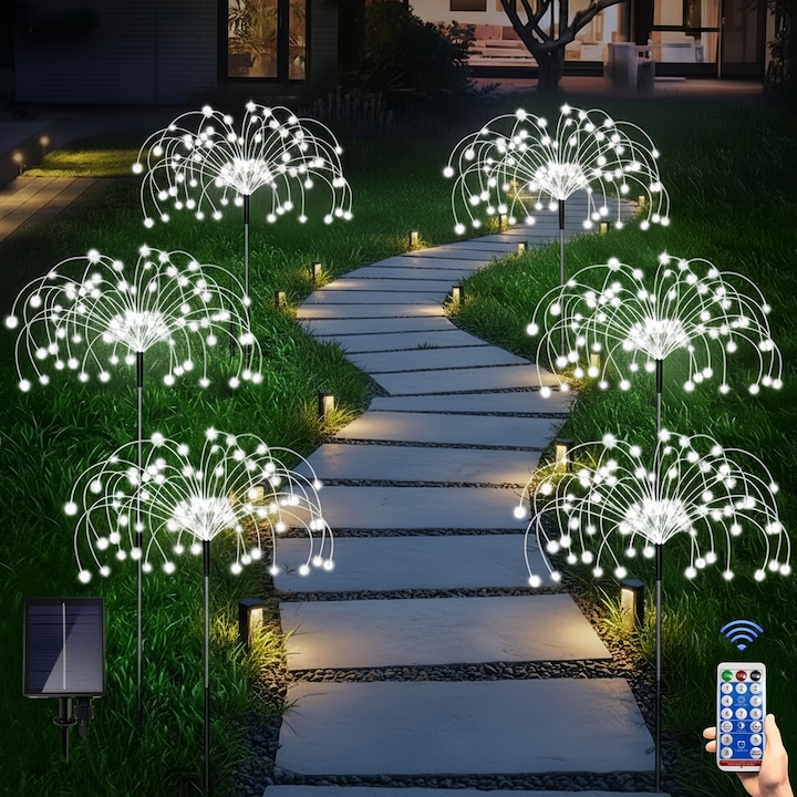 Комплект от 6 декоративни соларни лампи за външно осветление, Цветни светлини, 8 режима на осветление, 120 LED, IP65, Дистанционно управление, Външни пейзажни декорации, За градина, Тераса, Двор, Алея