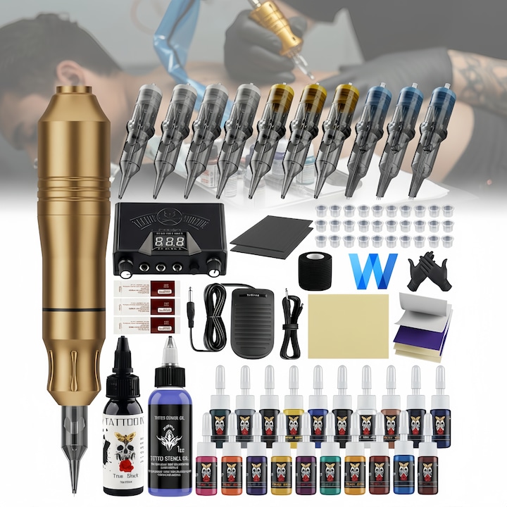 Set profesionist de aparate de tatuaj, masina tatuaj, aliaj de aluminiu, Colorat rapid, 10 de ace pentru tatuaj, 20 culori cerneala 5ml, cartuse, compact si portabil, 10000 RPM, design ergonomic, potrivit pentru incepatori, aurie