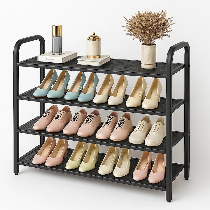 Pantofar metalic Next Trend 4 rafturi negru 60x28x75 cm, organizare compacta si asamblare usoara