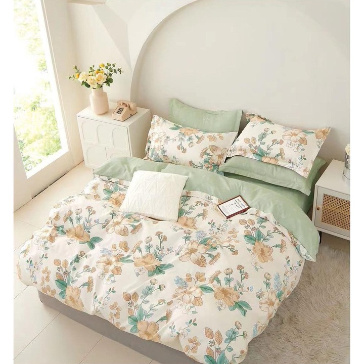 Set Lenjerie de Pat CHIRASO, FINET, 6 Piese, Cearceaf cu ELASTIC 180x200 cm, Husa Pilota 200x230 cm, 4 Fete de Perna, cu Imprimeu Elegant, crem-verde pal