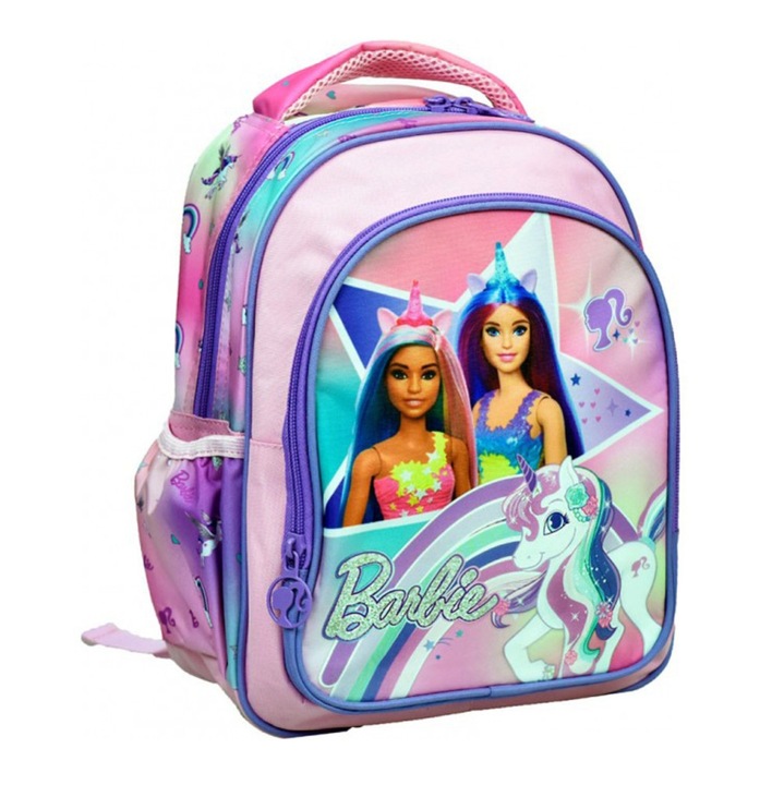 Ghiozdan gradinita copii Barbie Unicorn, 2 compartimente, fermoar, 30 cm, Roz