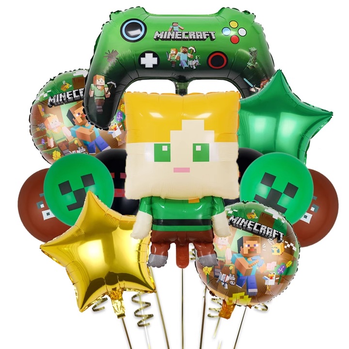 Set 12 Baloane Minecraft, Folie si Latex, Multicolor, Usor de Umflat, Non-Toxic