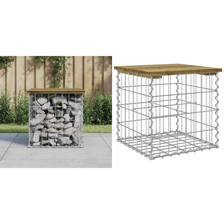 Banca gradina, design gabion, 43x44x42 cm, lemn pin impregnat