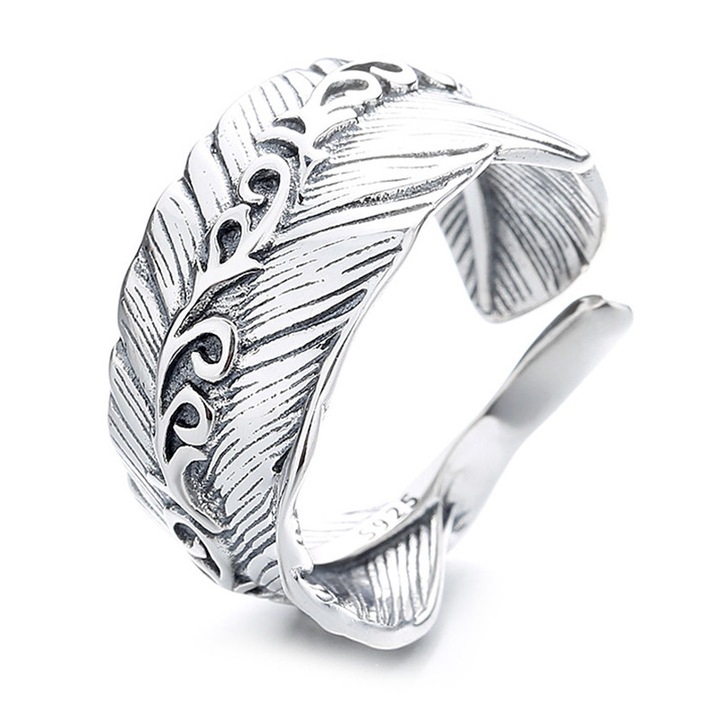 Inel unisex, model deosebit tip pana, tematica stylish retro feather, reglabil, argintiu, EFAYN