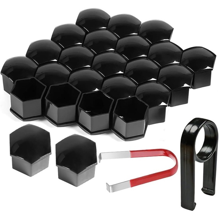 Set 20 capace prezoane, 17mm, pentru VW/ Audi /Skoda, hexagonal, usor de instalat, cu cheie de scos capacele, Negru