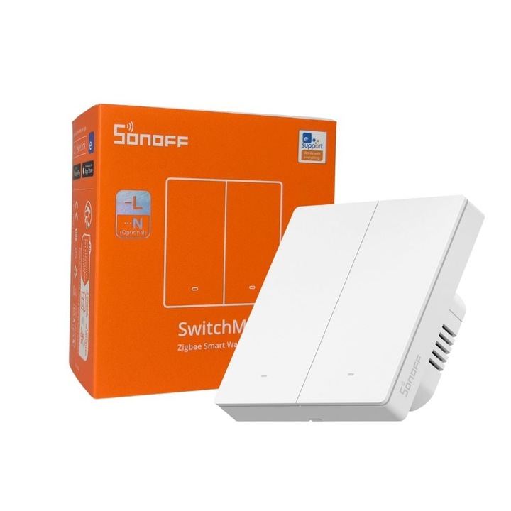 Intrerupator inteligent Sonoff ZBM5-2C-86W, 2 canale, 10A, Zigbee, Alb