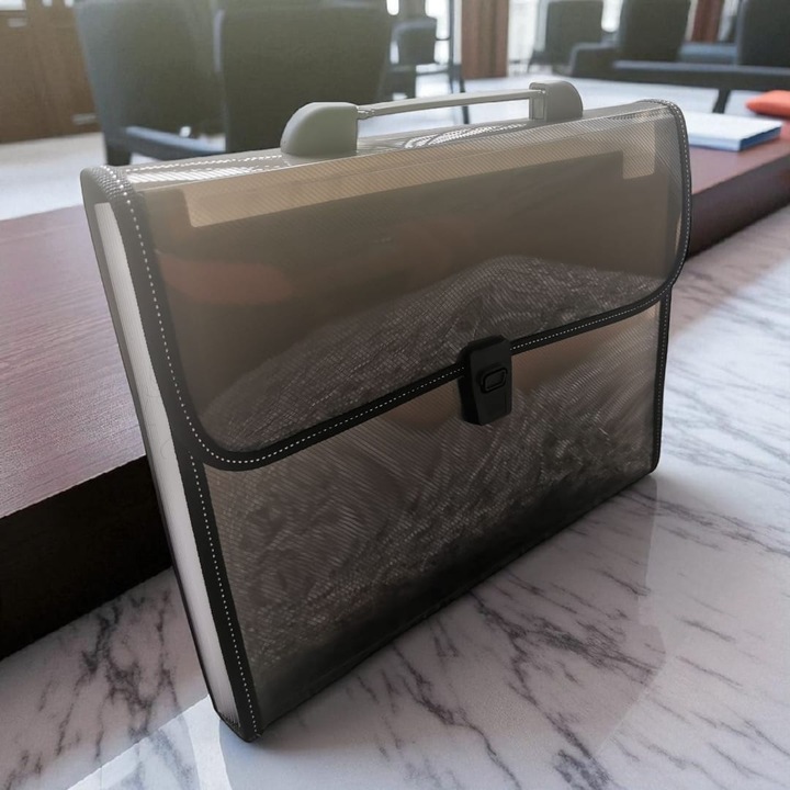 Mapa din Plastic cu Maner si 13 Compartimente VisionXXI, 330x250x40mm, Cu Buton, Textil pe Margini, Index Litere, Negru