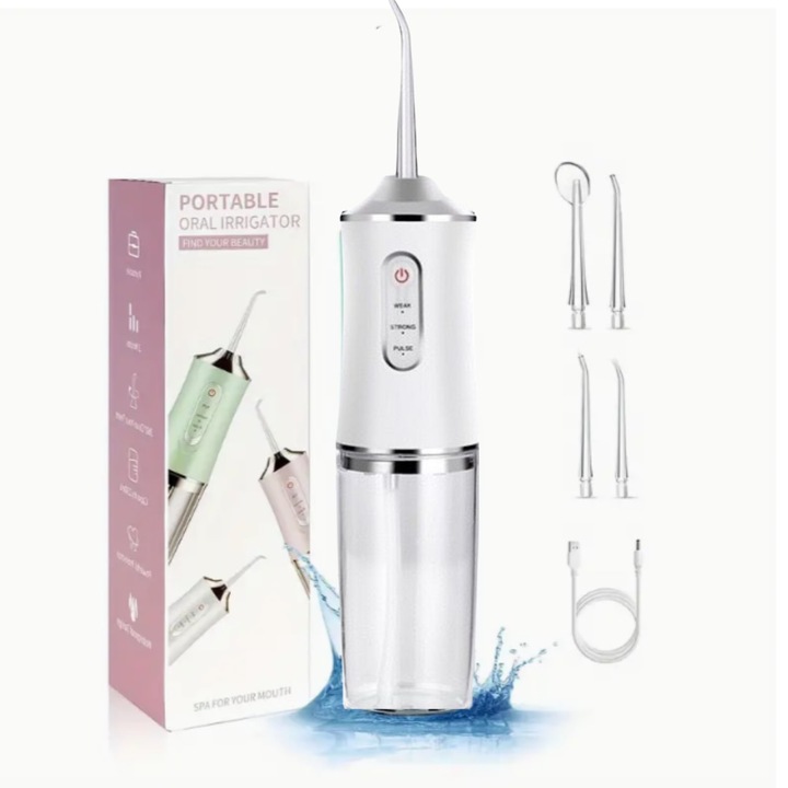 Boxely Professional hordozható szájöblítő, 140 PSI nyomás, 4 tisztítóprogram, ínymasszázs funkció, 220 ml-es tartály, 360°-ban forgó fúvókák, 1400mAh akkumulátor, fehér