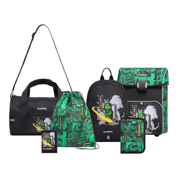 Set Ghiozdan Scolar Bonamaison Lego Ninjago 6 Piese, Verde, 30x20x20cm