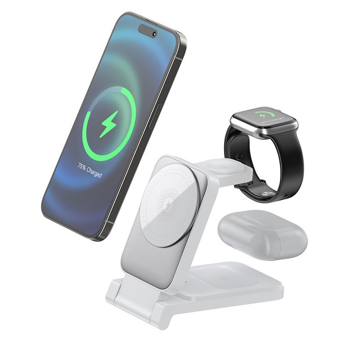 Incarcator wireless 3-in-1 cu incarcare rapida, pliabil, cu lumina LED, 15W, compatibil cu iPhone, ceas, AirPods, incarcator portabil, alb