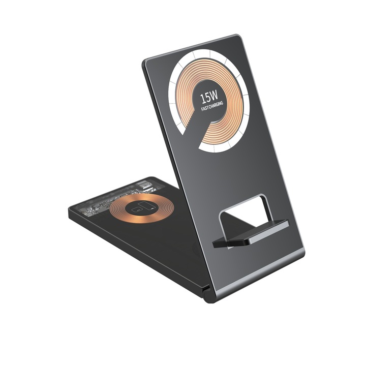 Ugo® Безжично QI зарядно устройство 4-в-1 бързо с магнитен Magsafe, 15W бързо зареждане, QC3.0, сгъваемо, метал и закалено стъкло, съвместимо с Apple, Samsung, Huawei, Apple Watch и слушалки, черно