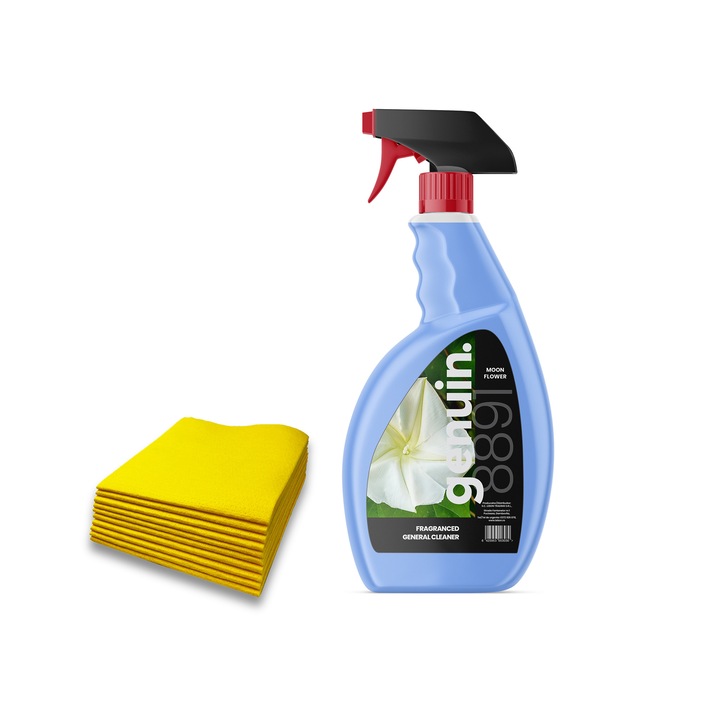 Set de Curatenie: Detergent Parfumat Pentru Uz General-Universal, Genuin Spray 500ml, Parfum Active Fresh, GENUIN + Laveta profesionala - Multi-Suprafete - 10 bucati / pachet