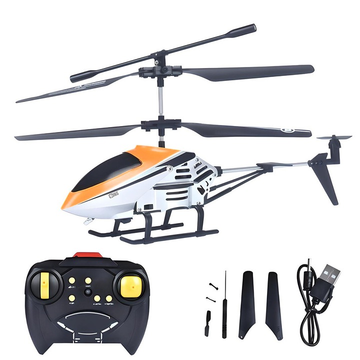 SIKS Gyermek Helikopter Távirányítóval, Beépített Giroszkóppal, Fém Házzal, LED Lámpával, Esésálló, Ideális Ajándék Gyermekeknek, Beltéri Használható, +4 Év, Narancssárga
