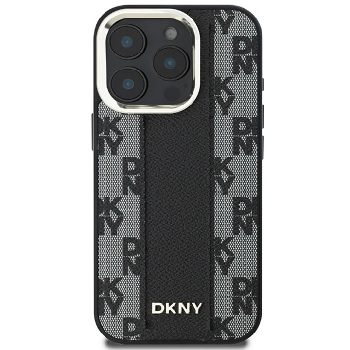 DKNY bőr, kockás mintás MagSafe tok, iPhone 16 Pró-val kompatibilis, fekete