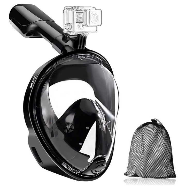 Masca Scufundari si Snorkeling Full Face GREATON, Pliabila, Anti-Aburire, Anti-Scurgeri, Suport Camera, Sistem Ultra Dry, Curele Reglabile, Culoare Neagra
