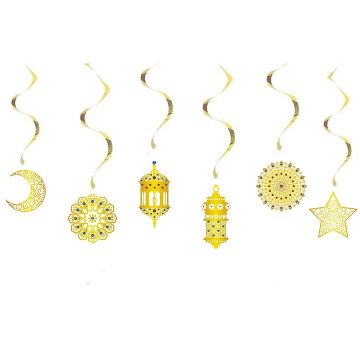 Set 24 piese decoratiuni Ramadan, aurii, diverse forme, accesorii decorative, Reutilizabil, Aplicabilitate larga, carton alb, usor pentru tine sa agati oriunde doresti, Luna si stelele, Ornament spiralat, Decoratiuni pentru petreceri de sarbatori