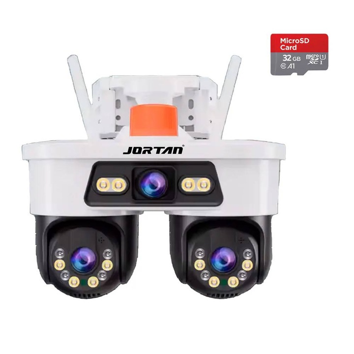JORTAN 9MP WiFi Megfigyelő Kamera, PTZ 355°, 3 Objektív, Kültéri IP66, Kétirányú Hang, 32 GB-os kártyával együtt