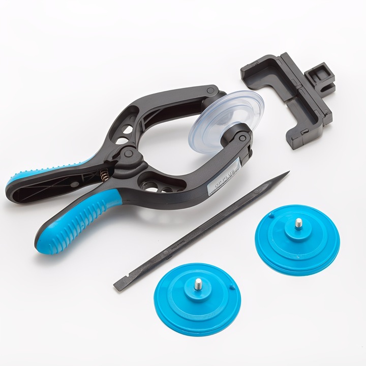 Set de unelte cu ventuze, TREXORA, pentru deschiderea ecranelor, 1 clema de deschidere, 1 pereche de ventuze, 1 instrument de deschidere, 52mm, negru/albastru