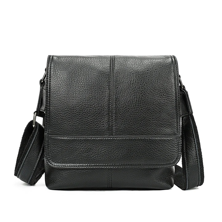 Férfi Válltáska Valódi Bőrből, IMODIX®, 3 Rekesz, Belső Zsebek, Állítható Szíj, 25x22x8 cm, 6237-es Modell, Fekete