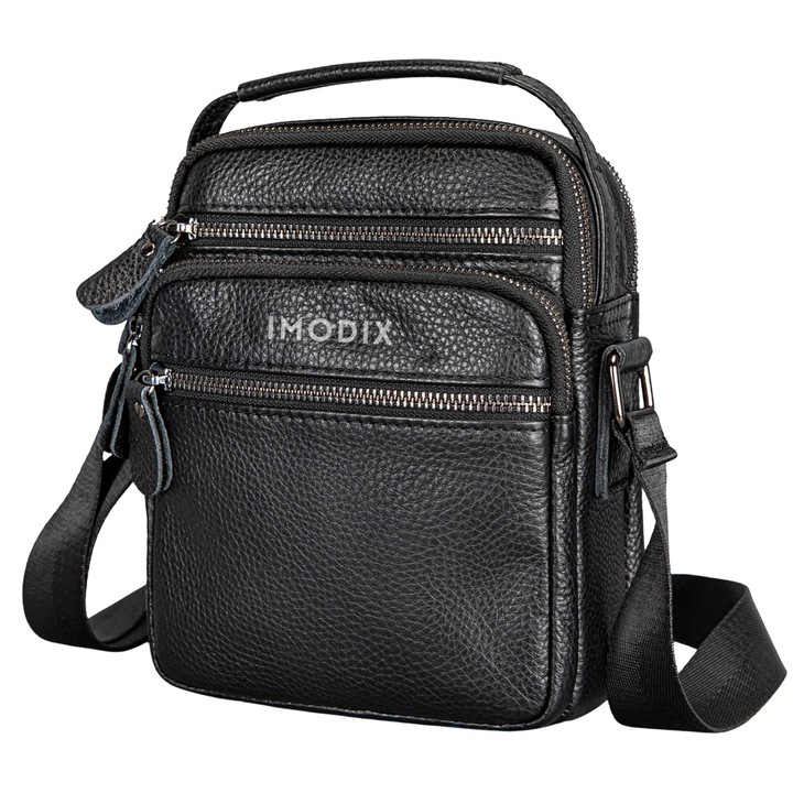 Férfi Válltáska Valódi Bőrből, IMODIX, 6 Rekesszel, Fogantyúval, Állítható Szíjjal, 21x16.5x7.5 cm, 6190-1 Modell, Fekete