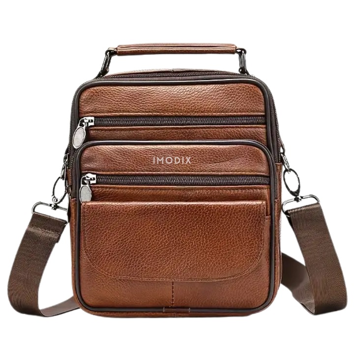 Férfi Válltáska Természetes Bőrből, IMODIX, 7 Rekesz, Fogantyú, Állítható Pántok, 21.5x18x9 cm, 6220-as Modell, Barna