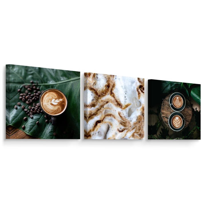 Set 3 Tablouri Pentru Bucatarie Cafea 150cm x 50cm Cesti Latte Boabe Frunze