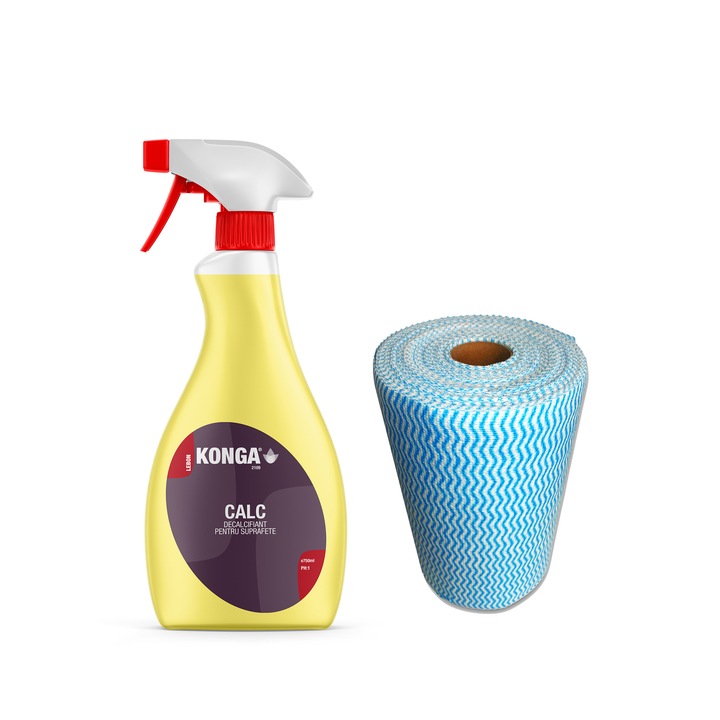 Set Curatare Bai: Detergent anti calcar si rugina - Konga Profesional - Calc 750ml cu pulverizator, Ideal pentru Cabina de Dus, Rezervoare WC, Sticla si Ceramica + Lavete profesionale super-absorbante pe rola - 100 bucati / rola