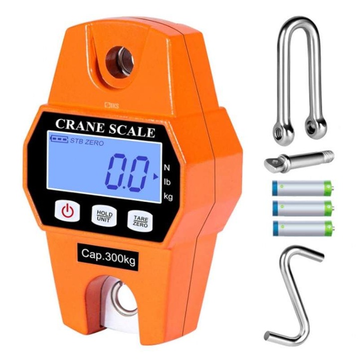 Cantar Electronic De Mana Cu Carlig SIKS, Cantar Digital Cu Carcasa Din Aluminiu, Portabil, Display Iluminat, Capacitate Pana la 300 kg, Potrivit Pentru Bucatarie, Pescuit, Alimente, Vanatoare, Ferma, Portocaliu