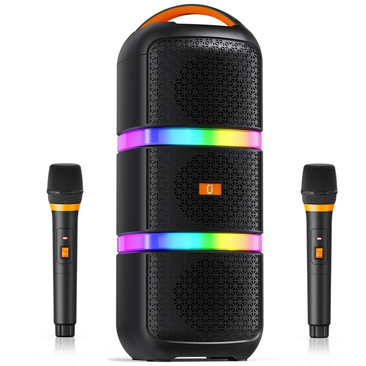 Boxa portabila karaoke FanFun T29-T cu 2 microfoane, subwoofer Bluetooth, neagra, 186x181x477mm
