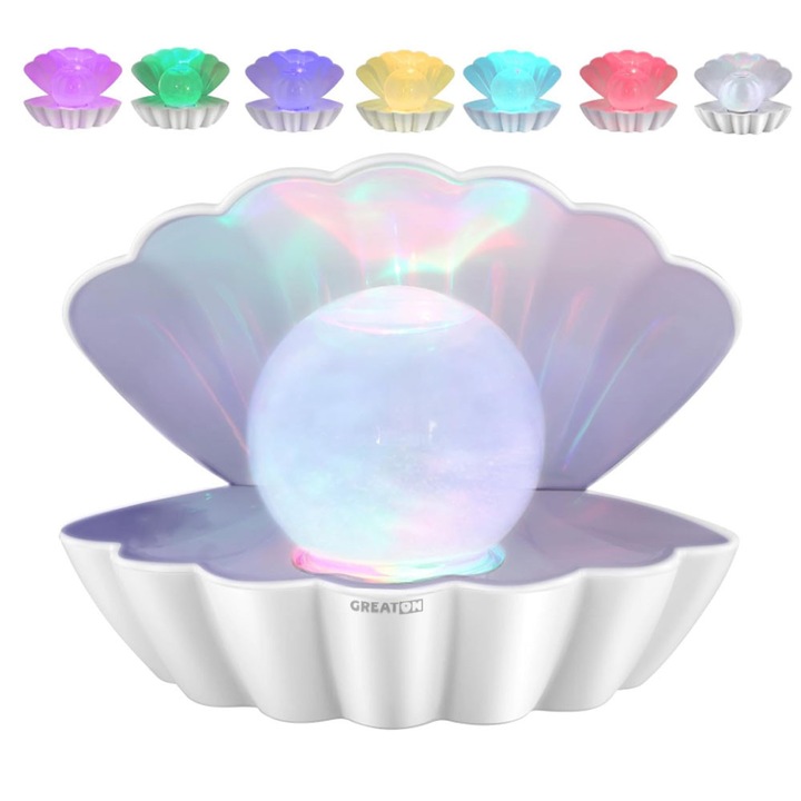 Lampa LED Decorativa In Forma de Scoica GREATON, Perla Luminoasa, Design Modern, Pentru Dormitor, Living, Camera Copilului, Alimentare USB Sau Baterii, Alba, Lumina Led Multicolora