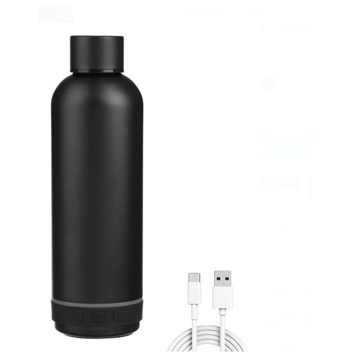 Sticlă izotermică cu boxă Bluetooth integrată, 430 ml, otel inoxidabil, negru mat, 7x24cm