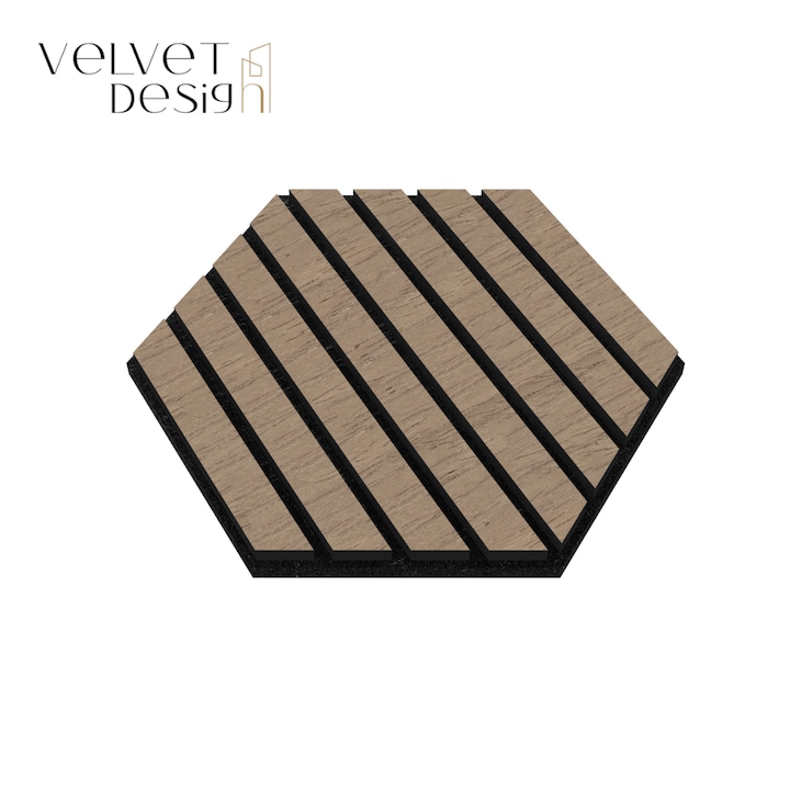 Riflaj decorativ modular 3D, panou acustic hexagonal din MDF cu furnir natural, culoare Nuc Satinat, 300x260x18mm, atenuare zgomot 80% (NRC 0.8), Velvet Design