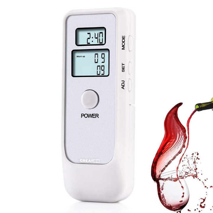 GREATON Цифров алкохолен тестер, с цифров дисплей, аларма и термометър, преносим дрегер, работещ с батерии, сив