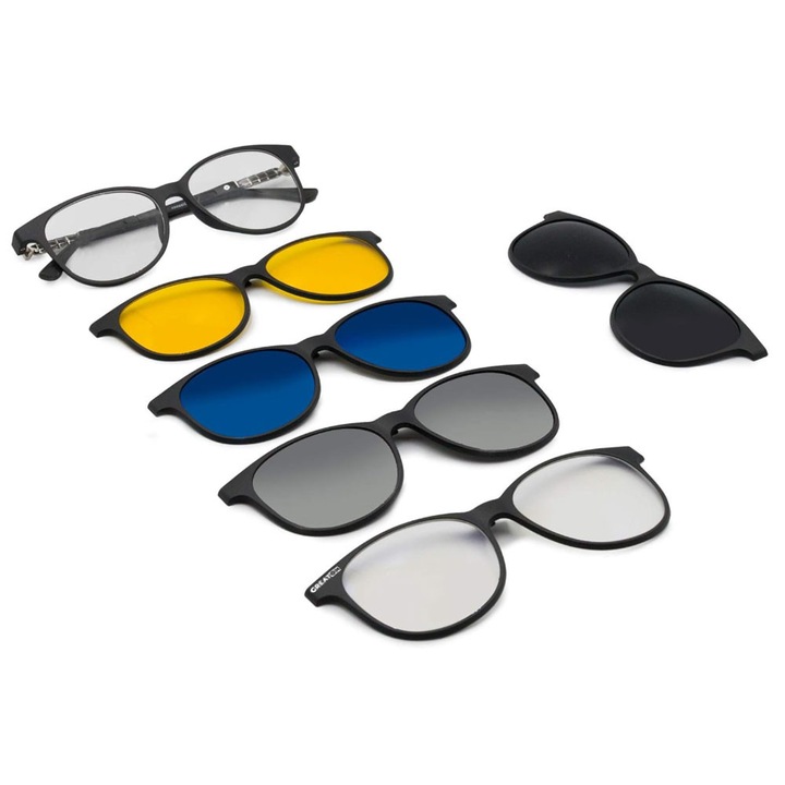 Ochelari Soare Magnetici 5 in 1 GREATON Cu Toc, Rama Neagra, Lentile Polarizate Interschimbabile Clip-On