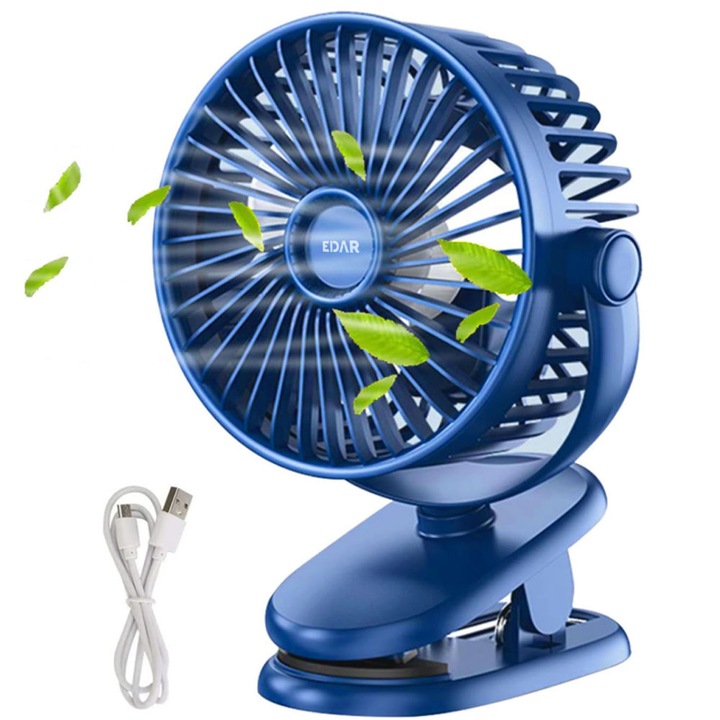 Ventilator Portabil EDAR, Cu Clips, 3 Nivele De Intensitate, Pentru Birou/Carucior/Camping Rotire 720 grade, 5 V, Autonomie 3-13h, USB, Culoare Albastra