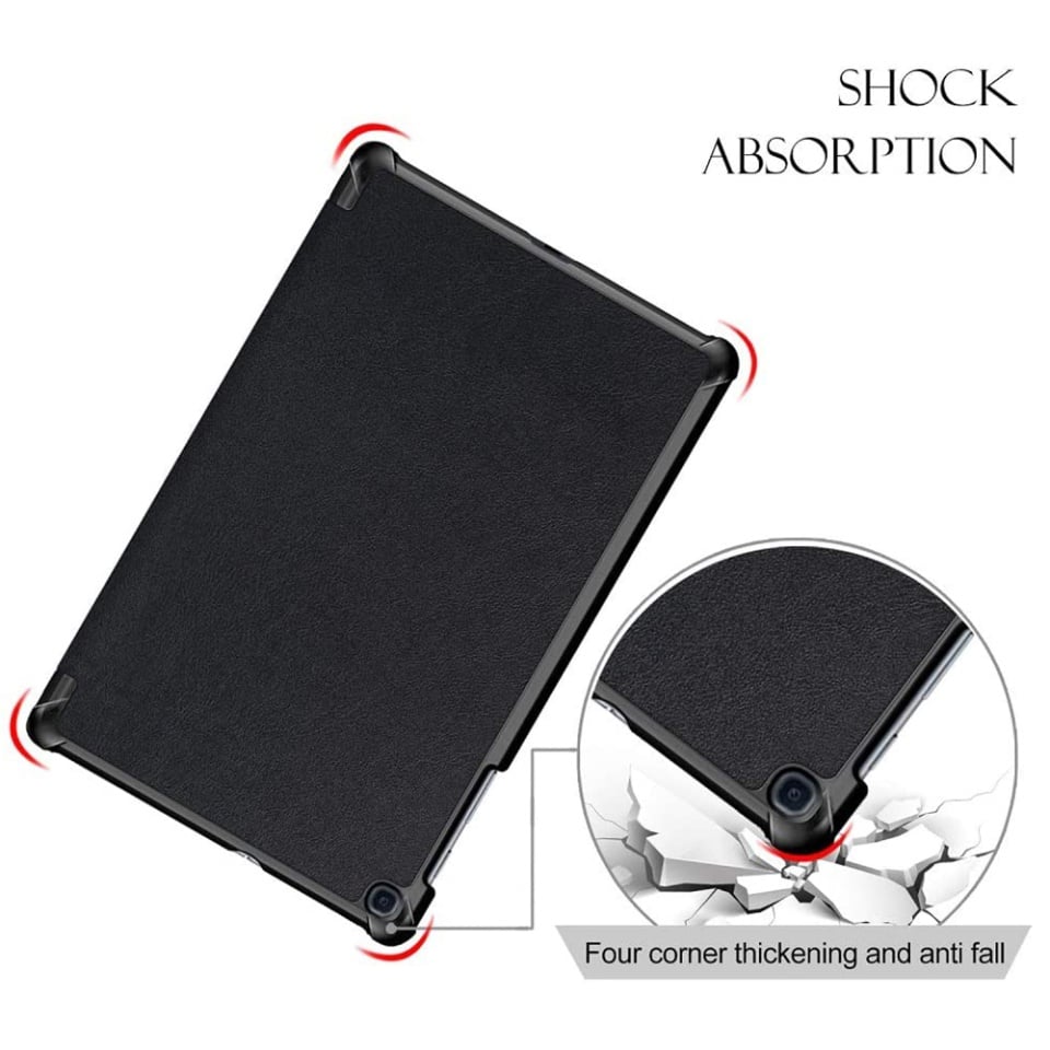 Husa tableta pentru Samsung Galaxy Tab A 10.1 2019 T510, SKYDDAR INNOVATION, cu suport Multi-Unghi si functie Sleep/Wake, FoldPro, Negru, set cu sticker