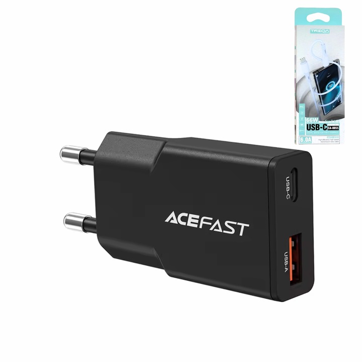 Incarcator USB-A/USB-C AceFast GaN Fast Charge 30W, Ultraportabil, Compatibil telefon, smartwatch, iPhone, Huawei, Samsung, Xiaomi, Cablu de date fast charge 1m Type C inclus, Negru