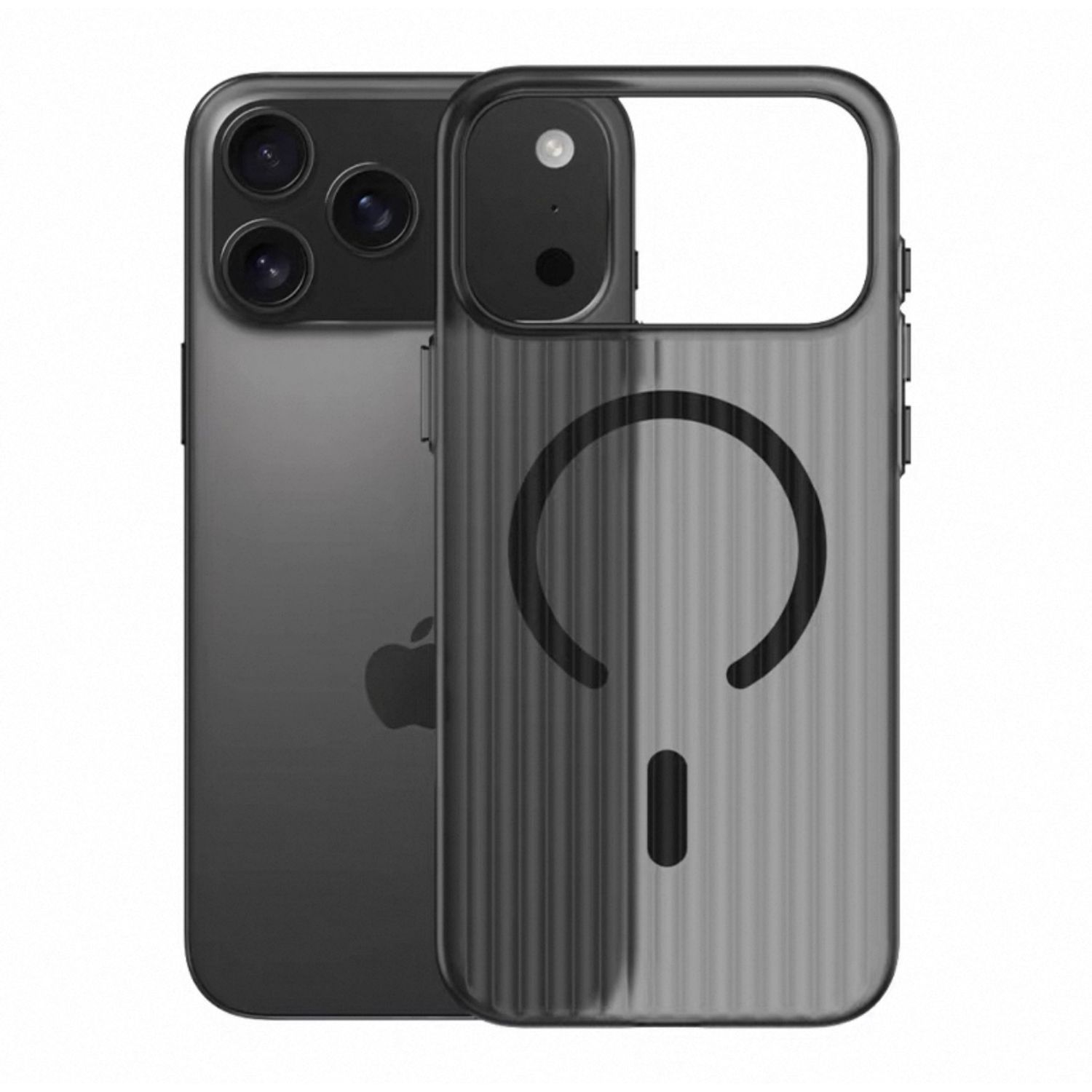 Husa telefon pentru Apple iPhone 17 Pro Max, Magnetic MagSafe, Slim, ultra-light, Antiderapant ondulat, Coaja dura mata, Negru transparent/Negru