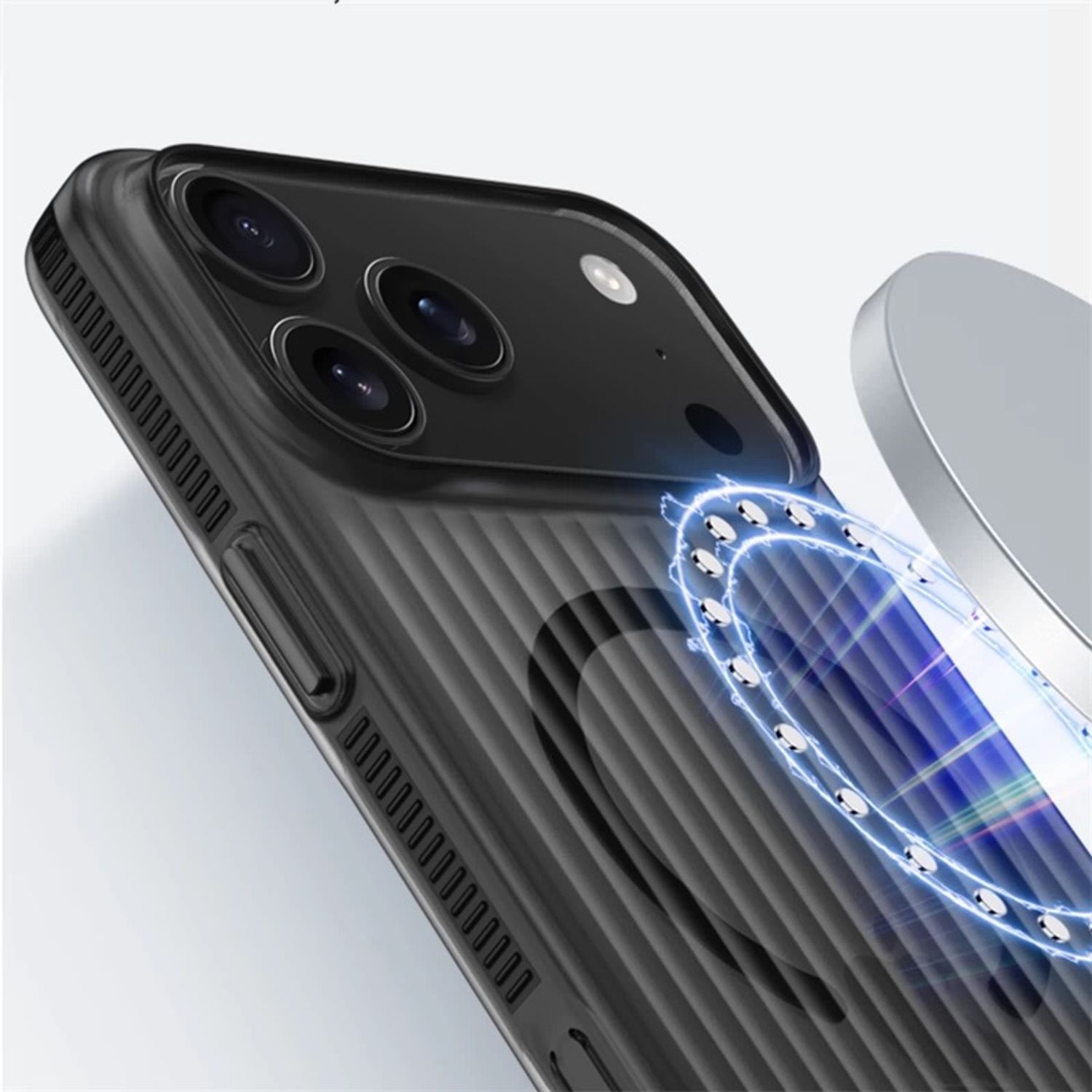 Husa telefon pentru Apple iPhone 17 Pro Max, Magnetic MagSafe, Slim, ultra-light, Antiderapant ondulat, Coaja dura mata, Negru transparent/Negru