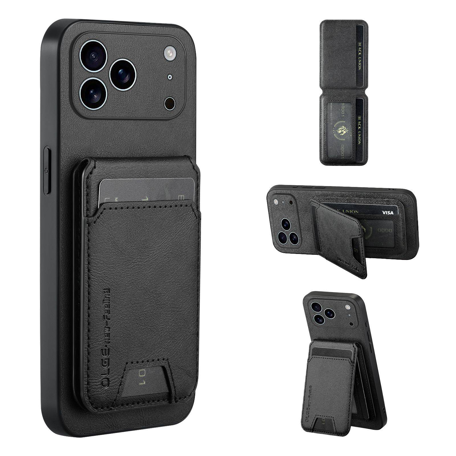 Husa pentru Apple iPhone 17 Pro Max, Piele Eleganta, Portcard Magnetic, Stand, MagSafe, Negru